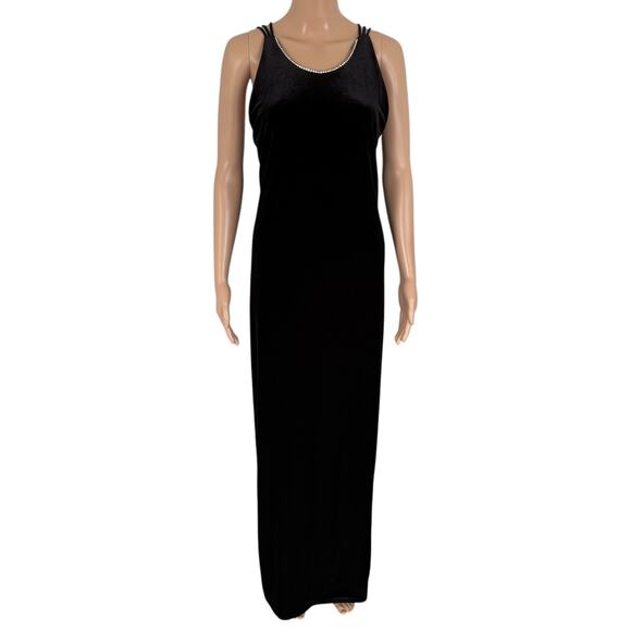 VTG Velvet Rhinestone Maxi Slip Dress 16 Whimsigoth Evening Gown Y2K Formal Blck - Picture 1 of 9
